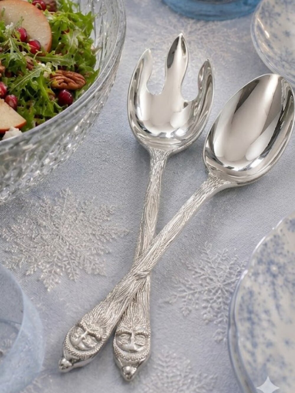 NWOT Vintage Christmas Santa Claus Silver Plated Salad Serving Set